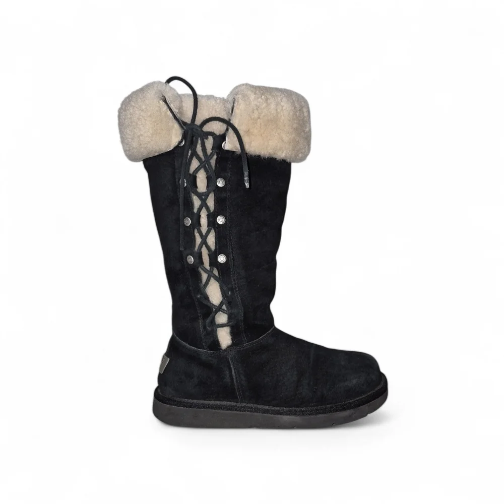 UGG Australia Upside 5163 Black Suede Tall Lace Up Shearling Boots Size 7